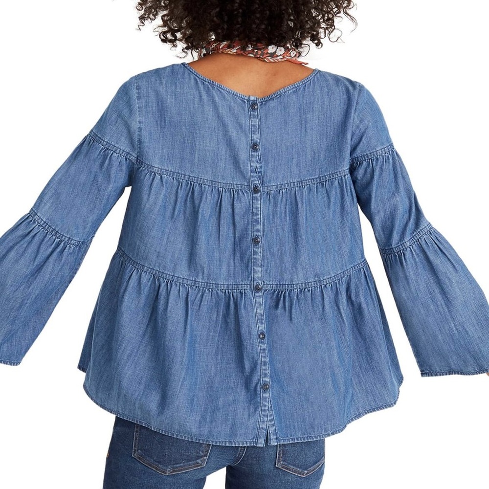 Madewell Blue Button-Back Denim Peasant Blouse